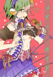 Rule 34 | 1girl, armlet, ascot, blue skirt, breasts, brooch, brown hair, cowboy shot, from side, gem, green eyes, green hair, gumi, headset, holding, holding microphone, jacket, jewelry, large breasts, lipstick, makeup, matching hair/eyes, microphone, multicolored hair, nail polish, nanjiyibei, off shoulder, open clothes, open jacket, red background, simple background, skirt, solo, standing, two-tone hair, underboob, vocaloid