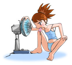 Rule 34 | 00s, 1girl, barefoot, brown hair, camisole, digimon, digimon tamers, electric fan, fanning face, fanning self, feet, flat chest, food, lowres, makino ruki, midriff, mouth hold, panties, ponytail, popsicle, sitting, solo, spread legs, striped clothes, striped panties, underwear