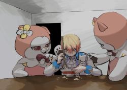 Rule 34 | 1boy, 2others, ascot, blank room soup, blonde hair, bowl, commentary, doorway, holding, holding spoon, indoors, jacket, kigurumi-san (project sekai), long sleeves, looking down, mascot costume, multiple others, nervous, noin prsk, project sekai, scared, spill, spoon, sweat, table, tenma tsukasa, white ascot, white jacket, wing collar, wooden spoon, yellow eyes