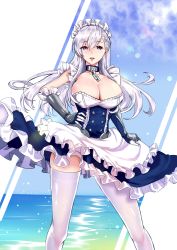 Rule 34 | absurdres, apron, azur lane, belfast (azur lane), blue eyes, blue sky, braid, breasts, chain, cleavage, collar, collarbone, corset, cotab, day, french braid, frilled apron, frilled gloves, frills, gloves, hair between eyes, highres, large breasts, maid, maid apron, maid headdress, ocean, open mouth, sky, solo, white apron, white gloves, white hair