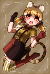 Rule 34 | 1girl, alice in wonderland, animal ears, boots, bow, bowtie, brown background, brown hair, cat ears, cat girl, cat tail, extra ears, gloves, highres, hikarikmy, kemono friends, kemono friends v project, kneehighs, large-spotted genet (kemono friends), long hair, looking at viewer, open mouth, parody, red eyes, ribbon, shirt, shorts, simple background, socks, solo, suspenders, tail, twintails, virtual youtuber