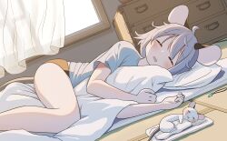 Rule 34 | 1girl, 1other, absurdres, alternate costume, animal ears, bare legs, black panties, blush, closed eyes, drawer, drooling, facing viewer, feet out of frame, futon, grey hair, grey shirt, highres, hugging object, humanization, imitating, indoors, kashiwa kona, lying, medium hair, mouse (animal), mouse ears, mouse girl, mouse tail, mouth drool, nazrin, on bed, on side, open mouth, panties, pillow, shirt, sleeping, smile, solo focus, tail, tatami, touhou, underwear, window