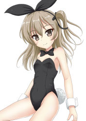 Rule 34 | 1girl, bare shoulders, black bow, black bowtie, black hairband, black leotard, black ribbon, blush, bow, bowtie, brown eyes, brown hair, closed mouth, collarbone, commentary request, covered navel, flipper, girls und panzer, groin, hair between eyes, hair bow, hair ribbon, hairband, head tilt, leotard, long hair, one side up, playboy bunny, rabbit tail, ribbon, shimada arisu, simple background, sitting, smile, solo, strapless, strapless leotard, tail, white background, wrist cuffs