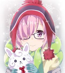 Rule 34 | 1girl, alternate costume, beanie, black-framed eyewear, blue gloves, blush, closed mouth, commentary request, creature, fate/grand order, fate (series), fou (fate), glasses, gloves, hair over one eye, hat, holding, looking at viewer, mash kyrielight, pink hair, purple eyes, red hat, rioshi, saitou ena, scarf, short hair, sidelocks, smile, solo, striped clothes, striped scarf, takahashi rie, voice actor connection, yurucamp