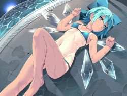 Rule 34 | 1girl, bikini, blue bikini, blue bow, blue eyes, blue hair, bow, cirno, dot (bank666), hair bow, ice, ice wings, knee up, looking at viewer, lying, navel, on back, one-piece tan, short hair, sky, solo, star (sky), starry sky, stomach, swimsuit, tan, tanline, touhou, wet, wings