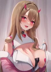 Rule 34 | 1girl, absurdres, amane sora, blush, breasts, brown hair, choker, goddess of victory: nikke, handkerchief, heart, heart pasties, highres, holding, holding handkerchief, horns, jacket, large breasts, long hair, looking at viewer, mole, mole under eye, nail polish, open mouth, pasties, red eyes, solo, sweat, teeth, unzipped, upper teeth only, viper (nikke)