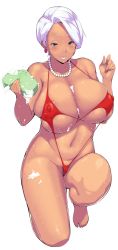 Rule 34 | 1girl, bikini, blue eyes, blush, breasts, bursting breasts, covered erect nipples, curvy, dark-skinned female, dark skin, dragon quest, dragon quest iii, earrings, female pubic hair, hakai shin, highres, jewelry, large breasts, lipstick, looking at viewer, makeup, mature female, micro bikini, necklace, nipples, on one knee, pearl necklace, pubic hair, purple hair, short hair, silver hair, simple background, slingshot swimsuit, smile, soap, solo, sponge, swimsuit, thief (dq3), wet, white background