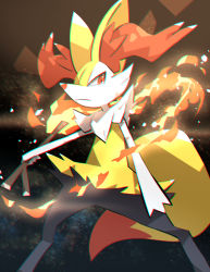 Rule 34 | :&lt;, animal ear fluff, braixen, chromatic aberration, closed mouth, commentary, creatures (company), fire, from below, furry, game freak, gen 6 pokemon, highres, holding, holding stick, legs apart, looking to the side, makoto ikemu, nintendo, orange eyes, outstretched arm, pokemon, pokemon (creature), solo, standing, star (symbol), starry background, stick, white fur