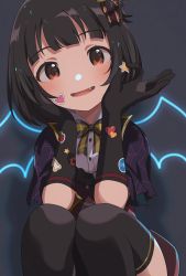 Rule 34 | 1girl, black gloves, black hair, black thighhighs, blush, brown eyes, commentary request, dot nose, fang, gloves, hair ornament, heart, heart stickers, highres, idolmaster, idolmaster million live!, idolmaster million live! theater days, inuyama nanami, looking at viewer, nakatani iku, open mouth, short hair, smile, solo, star (symbol), sticker, thighhighs