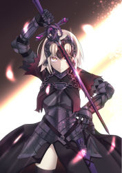Rule 34 | 1girl, arm up, armor, armored dress, black dress, black thighhighs, chain, cowboy shot, dress, fate/grand order, fate (series), gauntlets, hair between eyes, headpiece, holding, holding sword, holding weapon, inaroinaroi, jeanne d&#039;arc (fate), jeanne d&#039;arc alter (avenger) (fate), jeanne d&#039;arc alter (fate), looking at viewer, short hair, silver hair, solo, sword, thighhighs, weapon, yellow eyes