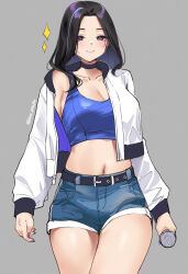 Rule 34 | 1girl, belt, black belt, black choker, black hair, blue tank top, breasts, character request, choker, cleavage, collarbone, copyright request, cowboy shot, crop top, denim, denim shorts, grey background, highres, holding, holding microphone, jacket, large breasts, long hair, looking at viewer, microphone, midriff, navel, off shoulder, open clothes, open jacket, pinepin, purple eyes, short shorts, shorts, simple background, single bare shoulder, smile, solo, standing, stomach, tank top, thighs, white jacket