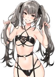 Rule 34 | 1girl, absurdres, bare shoulders, blush, breasts, comeo (komeo15), copyright request, crotch zipper, garter belt, garter straps, hair ribbon, highres, holding, holding hair, long hair, looking at viewer, navel, ribbon, silver hair, simple background, smile, solo, twintails, white background, zipper