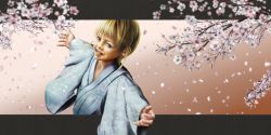 Rule 34 | 1boy, blonde hair, blue eyes, cherry blossoms, child, flower, japanese clothes, kimono, male focus, realistic, solo, tagme, to1989