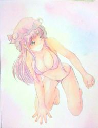 Rule 34 | 1girl, arm support, barefoot, bikini, breasts, cleavage, collarbone, crescent, crescent hair ornament, female focus, full body, gradient background, hair ornament, hat, highres, kneeling, large breasts, long hair, looking to the side, mob cap, navel, painting (medium), patchouli knowledge, pink background, purple bikini, purple eyes, purple hair, solo, swimsuit, touhou, traditional media, watercolor (medium), yuyu (00365676)