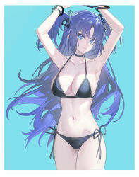 Rule 34 | 1girl, absurdres, armpits, arms up, bare shoulders, bikini, black bikini, black choker, blue archive, blue background, blue eyes, blue hair, bracelet, breasts, choker, commentary request, cowboy shot, echj, halo, highres, jewelry, large breasts, long hair, looking at viewer, navel, side-tie bikini bottom, simple background, smile, solo, standing, stomach, swimsuit, thighs, two side up, very long hair, yuuka (blue archive)