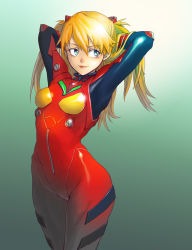 Rule 34 | 1girl, armpits, arms behind head, arms up, bad id, bad pixiv id, blonde hair, blue eyes, breasts, cowboy shot, gradient background, green background, hair between eyes, hair ornament, kws, long hair, neon genesis evangelion, parted bangs, plugsuit, small breasts, smile, solo, souryuu asuka langley, standing, thighs, twintails, two side up