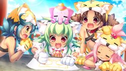 Rule 34 | 4girls, animal ear fluff, animal ears, animal hands, bikini, bikini top only, black bikini, blue hair, brown eyes, brown hair, cat ears, closed eyes, collar, crayon, drawing, earrings, fake animal ears, fang, game cg, gloves, green hair, hair bobbles, hair ornament, hat, jewelry, koihime musou, kuwada yuuki, long hair, low twintails, mike (koihime musou), moukaku, multiple girls, navel, necklace, o-ring, official art, open mouth, paper, paw gloves, pink hair, red eyes, shamu, short hair, short twintails, sleeping, smile, swimsuit, table, tiger ears, tiger hat, topknot, tora (koihime musou), twintails, upper body
