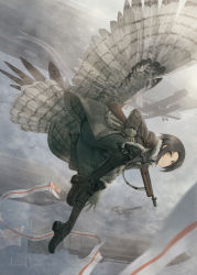 Rule 34 | 1girl, aircraft, airplane, artist name, asterisk kome, biplane, bird wings, black footwear, black hair, blurry, blurry background, blurry foreground, boots, closed mouth, cloud, day, depth of field, dirigible, flying, fog, gloves, grey gloves, grey jacket, grey pants, grey sky, gun, highres, holding, holding gun, holding weapon, jacket, knee boots, leaning forward, light particles, long sleeves, looking at viewer, looking back, low wings, machine gun, military, military uniform, pants, pennant, sash, short hair, sky, slit pupils, smile, solo, uniform, weapon, weapon request, winged fusiliers, wings, yellow eyes