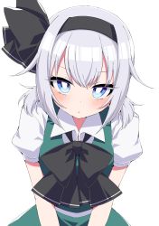 Rule 34 | 1girl, :&lt;, absurdres, alternate hairstyle, black bow, black bowtie, black hairband, blue eyes, blush, bow, bowtie, bright pupils, commentary request, green skirt, green vest, grey hair, hair bow, hairband, highres, konpaku youmu, looking at viewer, low twintails, shirt, short sleeves, short twintails, simple background, skirt, solo, touhou, tsukimirin, twintails, upper body, vest, white background, white pupils, white shirt