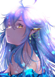Rule 34 | 1girl, absurdres, ahoge, bare shoulders, blue dress, blue hair, breasts, dress, earrings, elf, expressionless, hair between eyes, highres, hololive, huge filesize, jewelry, large breasts, long hair, looking at viewer, multiple earrings, off-shoulder dress, off shoulder, parted lips, pointy ears, solo, urotare, virtual youtuber, yellow eyes, yukihana lamy