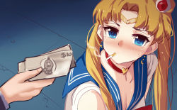 Rule 34 | 1girl, bad id, bad pixiv id, bishoujo senshi sailor moon, blonde hair, blue eyes, blue sailor collar, breasts, choker, cigarette, circlet, cleavage, collarbone, commentary request, crescent, crescent earrings, derivative work, earrings, hair ornament, hair over shoulder, heart, heart choker, highres, holding, holding money, implied prostitution, jewelry, long hair, meme, money, parted bangs, red choker, sailor collar, sailor moon redraw challenge (meme), smoking, solo focus, twintails, upper body, zen33n