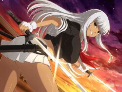 Rule 34 | bird, black eyes, breasts, cloud, cloudy sky, cosplay, crow, dark skin, day, dual wielding, fingerless gloves, forest, gloves, holding, ikkitousen, large breasts, looking at viewer, looking back, nature, official art, outdoors, plant, river, school uniform, senran kagura, senran kagura new link, skirt, sky, smile, sunset, sword, tree, weapon, white hair, yamada asaemon (ikkitousen), yuuyaki (senran kagura)
