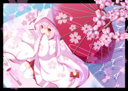 Rule 34 | absurdres, animal ears, azur lane, cat ears, cherry blossoms, commentary request, covering own mouth, flower, hand to own mouth, highres, hood, huge filesize, japanese clothes, kimono, kisaragi (azur lane), long hair, nekoyanagi (azelsynn), outdoors, petals, pink eyes, pink hair, red skirt, ribbon, sitting, skirt, sleeves past wrists, solo, thighhighs, uchikake, umbrella, water, white thighhighs