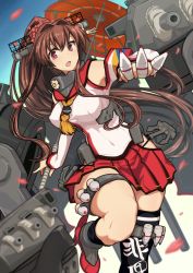 Rule 34 | 10s, 1girl, between fingers, black thighhighs, breasts, brown hair, detached sleeves, headgear, holding, kantai collection, kikunosukemaru, large breasts, long hair, machinery, miniskirt, open mouth, petals, pleated skirt, ponytail, red eyes, single thighhigh, skirt, solo, standing, standing on one leg, thigh strap, thighhighs, umbrella, very long hair, yamato (kancolle)