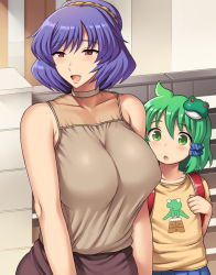 Rule 34 | 2girls, alternate costume, alternate hairstyle, backpack, bag, bare shoulders, blue skirt, blush, breast awe, breasts, brown shirt, brown skirt, building, child, collarbone, commentary request, contemporary, covered erect nipples, frog hair ornament, green eyes, green hair, hair ornament, huge breasts, inaho, kochiya sanae, large breasts, lips, long skirt, looking at breasts, looking at viewer, mature female, multiple girls, open mouth, outdoors, pleated skirt, purple hair, red eyes, scrunchie, shirt, skirt, smile, t-shirt, touhou, yasaka kanako, aged down