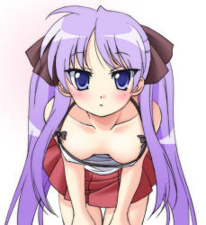 Rule 34 | 00s, 1girl, bare shoulders, blue eyes, blue hair, blush, breasts, covered erect nipples, downblouse, hanging breasts, hiiragi kagami, leaning forward, looking at viewer, lucky star, matching hair/eyes, medium breasts, narutaki shin, no bra, parted lips, purple hair, simple background, solo, tsurime, twintails, white background