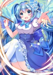 Rule 34 | 1girl, :d, bad id, bad pixiv id, blue eyes, blue hair, blush, highres, long hair, looking at viewer, minami saki, open mouth, original, outstretched hand, paintbrush, pixiv, sitting, smile, solo, thighhighs, twintails, very long hair, white thighhighs