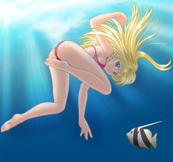 Rule 34 | 1girl, akemi (artist), akemi (crusher), barefoot, bikini, blonde hair, blue eyes, breasts, feet, fish, freediving, lips, original, sideboob, small breasts, solo, swimming, swimsuit, underwater