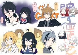 5boys 5girls :3 :d ;o absurdres ahoge akabane_youko akabane_youko_(1st_costume) bare_shoulders between_fingers black_bow black_hair black_jacket black_necktie blank_eyes blonde_hair blue_gloves blue_jacket bow bowtie brown-tinted_eyewear brown_hair cardigan chibi closed_eyes closed_mouth collared_shirt cropped_torso dress_shirt elf elu_(1st_costume)_(nijisanji) elu_(nijisanji) fairy_wings fang formal_clothes fushimi_gaku gloves green_eyes green_wings grey_eyes grey_hair grey_jacket grey_shirt hair_between_eyes hair_bow hair_ornament hairclip hand_up headphones headphones_around_neck highres higuchi_kaede higuchi_kaede_(1st_costume) holding hood hood_down hooded_jacket izumo_kasumi_(nijisanji) jacket kanae_(1st_costume)_(nijisanji) kanae_(nijisanji) long_hair mole mole_under_mouth multicolored_hair multiple_boys multiple_girls necktie nijisanji ninahachi one_eye_closed open_mouth parted_lips pink_bow pink_bowtie pink_cardigan pinstripe_jacket pinstripe_pattern pointy_ears ponytail red_shirt shirt sleeveless sleeveless_jacket smile streaked_hair suit sunglasses suzuki_masaru sweat tinted_eyewear translation_request tsukino_mito tsukino_mito_(1st_costume) turn_pale twitter_username uzuki_kou very_long_hair virtual_youtuber white_bow white_jacket white_shirt wings yumeoi_kakeru yumeoi_kakeru_(1st_costume)