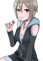 Rule 34 | 10s, 1girl, blonde hair, breasts, candy, cleavage, collarbone, food, grey eyes, heart, heart-shaped pupils, idolmaster, idolmaster cinderella girls, jewelry, lollipop, long sleeves, medium breasts, necklace, nerotarou, shiomi syuko, short hair, silver hair, smile, solo, symbol-shaped pupils, white background