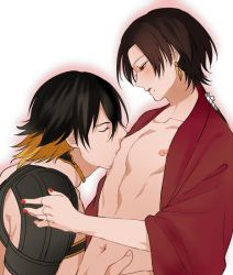 Rule 34 | 10s, 2boys, alternate costume, androgynous, black hair, blonde hair, blush, brown hair, collarbone, earrings, closed eyes, facial hair, half-closed eyes, hand on another&#039;s shoulder, hiki yuichi, japanese clothes, jewelry, kashuu kiyomitsu, long hair, looking at another, male focus, mole, mole under mouth, multicolored hair, multiple boys, nagasone kotetsu, nail polish, navel, nipples, open clothes, parted lips, personification, ponytail, red eyes, red nails, simple background, size difference, touken ranbu, traditional clothes, two-tone hair, upper body, white background, yaoi