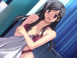 Rule 34 | 1girl, :o, alternate hairstyle, black hair, blush, bra, breasts, chest of drawers, cleavage, covering privates, cowboy shot, crossed arms, curtains, dress shirt, dutch angle, embarrassed, game cg, hair down, hair ornament, hairclip, holding, holding own arm, indoors, kouzuki asuna, lace, lace-trimmed bra, lace-trimmed panties, lace trim, large breasts, lingerie, long hair, looking at viewer, nose blush, panties, parted bangs, purple eyes, red bra, red panties, shirt, unworn shirt, sidelocks, silhouette (cdpa), solo, soo-hyon lee, standing, surprised, swept bangs, underwear, underwear only, undressing, white shirt