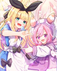 Rule 34 | 2girls, :d, ahoge, apron, baram, beret, black bow, black ribbon, blonde hair, blue dress, bow, candy, collared dress, commentary request, dress, food, green eyes, hair between eyes, hair ribbon, hat, highres, holding, holding candy, holding food, holding lollipop, lollipop, long sleeves, looking at viewer, mononobe alice, mononobe alice (1st costume), multicolored hair, multiple girls, neck ribbon, nijisanji, open mouth, pink hair, puffy long sleeves, puffy short sleeves, puffy sleeves, purple eyes, purple hair, ribbon, short sleeves, smile, two-tone hair, ushimi ichigo, virtual youtuber, white apron, white dress, white headwear