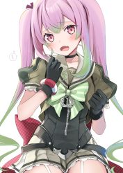 Rule 34 | 1girl, absurdres, black choker, black gloves, blush, bow, bowtie, choker, commentary request, fang, garter straps, gloves, green bow, green bowtie, green hair, hair between eyes, highres, holding, holding own hair, kantai collection, long hair, looking at viewer, momo (kancolle), multicolored hair, open mouth, pink eyes, pink hair, pleated skirt, sailor collar, school uniform, serafuku, short sleeves, sidelocks, simple background, skin fang, skirt, solo, twintails, very long hair, white background, yunamaro