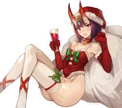 Rule 34 | 1girl, :d, blush, bow, christmas, commentary, cup, drinking glass, elbow gloves, english commentary, eyeshadow, fang, fate (series), fur trim, garter straps, glass, gloves, green bow, hat, headpiece, highres, holding, holding cup, horns, leotard, looking at viewer, makeup, oni, open mouth, purple eyes, purple hair, reclining, red gloves, red hat, red leotard, sack, santa costume, santa hat, short hair, shuten douji (fate), simple background, sitting, skin-covered horns, smile, solo, sookmo, thighhighs, white background, white thighhighs