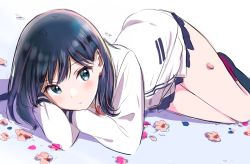 Rule 34 | 1girl, bare legs, black hair, black skirt, blue background, blue eyes, blush, cardigan, closed mouth, commentary request, gradient background, gridman universe, jacket, long hair, long sleeves, looking at viewer, lying, microskirt, on stomach, petals, pleated skirt, school uniform, shadow, sketch, skirt, solo, ssss.gridman, takarada rikka, thighs, white background, white jacket, yatomi