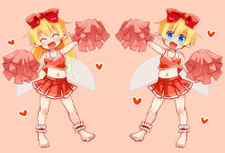 Rule 34 | 2girls, ankle cuffs, barefoot, blue eyes, blush, bow, cheerleader, closed eyes, crop top, fairy, fairy wings, fang, feet, female focus, full body, hair bow, heart, highres, kso, long hair, looking at viewer, midriff, multiple girls, navel, original, pink background, pointy ears, pom pom (cheerleading), red bow, red skirt, short hair, simple background, skirt, smile, sweat, wings