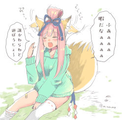 Rule 34 | 1girl, :d, animal ear fluff, animal ears, aqua hoodie, asymmetrical legwear, between legs, blue ribbon, blush, breasts, closed eyes, ear wiggle, fang, fox ears, fox girl, fox tail, grass, hair ribbon, hand between legs, hand up, hood, hood down, hoodie, long hair, long sleeves, medium breasts, mito (go!go!king!), on grass, open mouth, original, pink hair, ribbon, ribbon-trimmed legwear, ribbon trim, sidelocks, sitting, smile, solo, tail, tail raised, thighhighs pull, translation request, twitter username, uneven legwear, very long hair, white background, white legwear