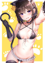 Rule 34 | 1girl, anger vein, animal ear fluff, animal ears, armpits, bare shoulders, bikini, black bikini, black choker, black gloves, black thighhighs, breasts, breasts apart, brown hair, cat ears, cat girl, cat tail, choker, commentary, cowboy shot, foreshortening, frilled bikini, frills, front-tie bikini top, front-tie top, frown, gloves, gluteal fold, groin, hair between eyes, hair ornament, hand up, highres, holding, holding tail, looking at viewer, medium breasts, navel, open mouth, original, outstretched arm, paw print, paw print background, purple eyes, revision, selfie, short hair, sidelocks, skindentation, solo, stomach, sunhyun, swimsuit, tail, thighhighs, v-shaped eyebrows, x hair ornament, yellow background