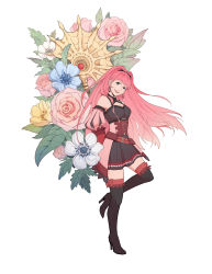 Rule 34 | 1girl, axe, boots, breasts, corset, detached sleeves, earrings, fire emblem, fire emblem: three houses, flower, freikugel (weapon), high heel boots, high heels, highres, hilda valentine goneril, hoop earrings, jewelry, large breasts, long hair, nintendo, norue, overskirt, pink eyes, pink hair, puff and slash sleeves, puffy detached sleeves, puffy sleeves, solo, thigh boots, thighhighs