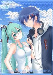 Rule 34 | 1boy, 1girl, belt, bespectacled, blue hair, chain-link fence, cloud, day, euforia, closed eyes, fence, glasses, green eyes, green hair, hair ribbon, hatsune miku, headphones, headphones around neck, kaito (vocaloid), long hair, navel, necktie, ribbon, sky, sweatdrop, twintails, very long hair, vocaloid