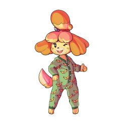 Rule 34 | 1girl, animal crossing, animal ears, animal hands, barefoot, bell, black eyes, blonde hair, blush stickers, buck teeth, dog ears, dog girl, dog tail, female focus, flat chest, full body, furry, furry female, hair bell, hair ornament, hair tie, hand on own hip, hand up, happy, isabelle (animal crossing), jingle bell, legs apart, long sleeves, looking to the side, nintendo, one eye closed, onesie, open mouth, pajamas, pawpads, short hair, smile, solo, standing, suenbroe, tail, teeth, thumbs up, topknot, transparent background, wink