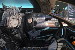 Rule 34 | 2girls, animal ear fluff, animal ears, arknights, black gloves, black hair, black jacket, brown eyes, cameo, car, car interior, character doll, city, commentary request, driving, exusiai (arknights), fingerless gloves, gloves, grey eyes, hair between eyes, hair ornament, hairclip, highres, holding, holding tablet pc, jacket, lappland (arknights), long hair, long sleeves, meganeno dokitsui, motor vehicle, multiple girls, night, open mouth, penguin logistics logo, pointing, scar, scar across eye, scar on face, silver hair, tablet pc, texas (arknights), white gloves, white jacket, wolf ears