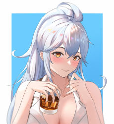 Rule 34 | 1girl, absurdres, ahoge, bare shoulders, blue background, blush, border, breasts, cleavage, collared shirt, cup, granblue fantasy, high ponytail, highres, holding, holding cup, ice, ice cube, large breasts, long hair, looking at viewer, shirt, sidelocks, silva (granblue fantasy), silver hair, sleeveless, sleeveless shirt, smile, user bhz6684, white border, yellow eyes