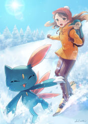Rule 34 | 1girl, backpack, bag, blush, brown hair, brown pants, buttons, chlora imasayo, coat, commentary request, creatures (company), cyndaquil, day, floating hair, game freak, gen 2 pokemon, highres, lens flare, nintendo, open mouth, orange coat, outdoors, pants, pokemon, pokemon (creature), shoes, sky, smile, sneasel, snow, snowboard, snowboarding, standing, sun, teeth, tongue, tree, yellow eyes