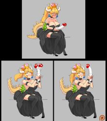 Rule 34 | 1girl, armlet, bad id, bad pixiv id, bare shoulders, black collar, black dress, black footwear, black thighhighs, blonde hair, blue eyes, blush, bowsette, bracelet, breasts, cleavage, closed mouth, collar, collarbone, comic, constricted pupils, crown, dildo, dress, earrings, female focus, full body, garter straps, gem, happening18, high heels, highres, holding, holding sex toy, horns, jewelry, large breasts, mario (series), new super mario bros. u deluxe, nintendo, nose blush, open mouth, pointy ears, ponytail, sex toy, simple background, sitting, spiked armlet, spiked bracelet, spiked collar, spiked shell, spiked tail, spikes, strapless, strapless dress, super crown, sweatdrop, tail, thighhighs, turtle shell, vibrator, wavy mouth